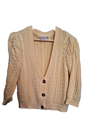 Gestuz Lemon Grobstrick Cardigan Zopfmuster Puffärmel Gr. UK 12 Luxus Danish