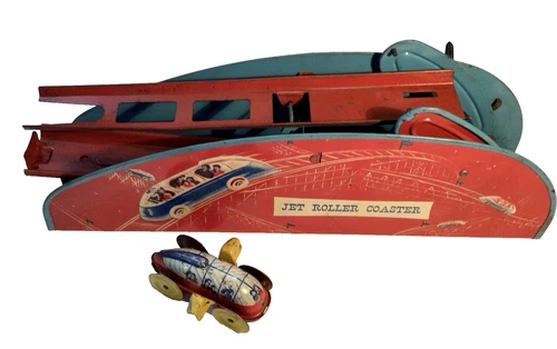 Vintage 1940's Tin Wind Up WOLVERINE Jet Roller Coaster Toy & Car ~ Works