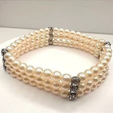Vintage Faux Pearl Beaded Bracelet Rhinestone Accent Triple Strand Jewelry Y2K