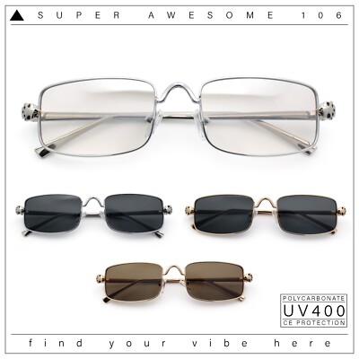 Narrow Rectangle Luxury Leopard Head Jewel Hinges Metal Rim Sunglasses