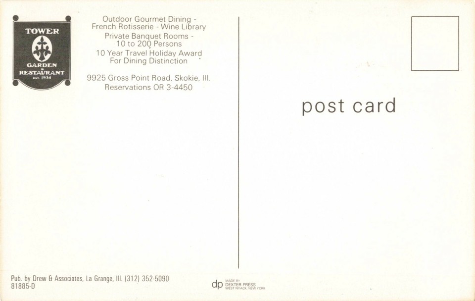 Postcard Tower Garden Restaurant Skokie Illinois eBay