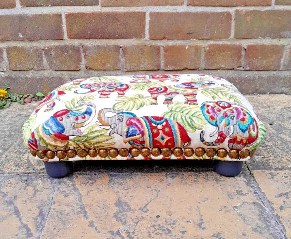 Elephants pattern FOOTSTOOL with decorative studs underdesk home office footrest - Image 3 of 4