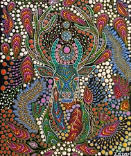 original painting deer on canvas, colorful psychedelic boho eclectic artwork