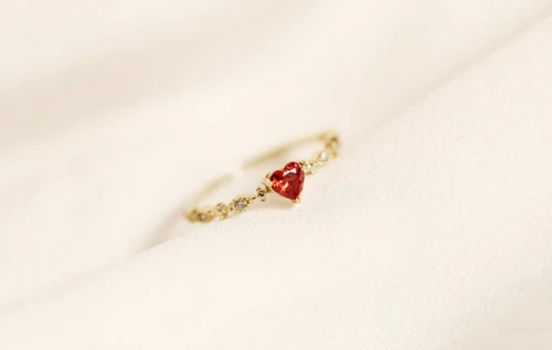 Gold and Silver Love Heart Ring, Ruby Red CZ Ring, Vintage Style Adjustable Ring
