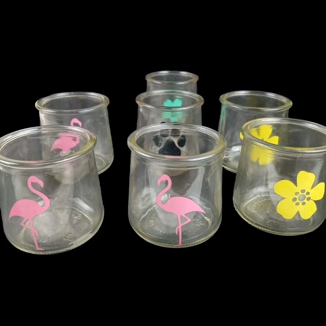 Set Of Seven 3" Vintage Jars Flower Flamingo And Dog Paw