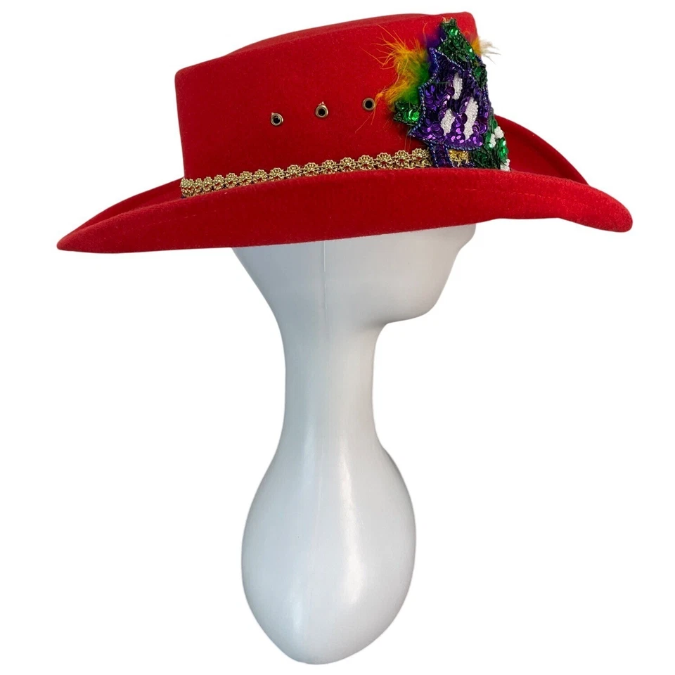 J.R. Palacios Red Felt Cowboy Hat With Sequin Mardi Gras Mask & Gold Trim - Image 3 of 4