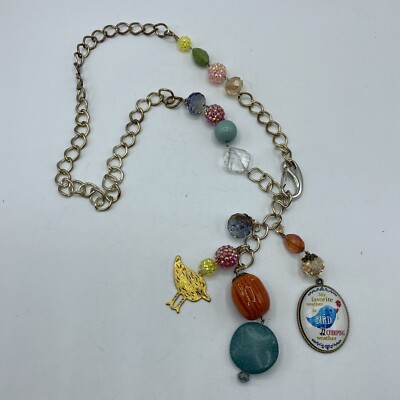 Chain Belt Necklace Gold Tone Link Chain Multicolor Colorful Beads Bird