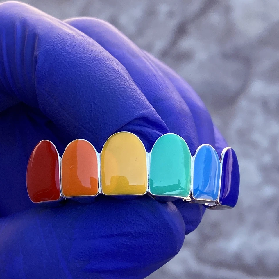 Real 925 Sterling Silver Rainbow Color Grillz Enamel Rapper Grills Top 6 Teeth - Image 3 of 4
