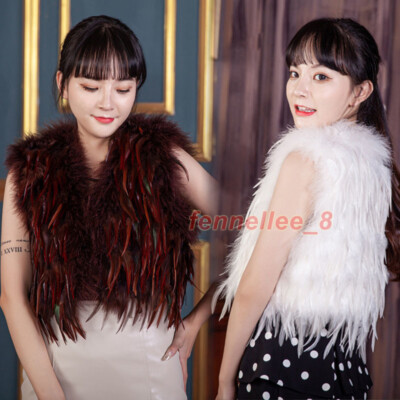 トップス feather short vest Women Genuine Ostrich Feather Fur Vest Warm Short Waistcoat
