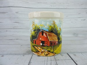 Hand Painted Red Barn Farm Utensil Holder Ceramic Farmhouse Rustic