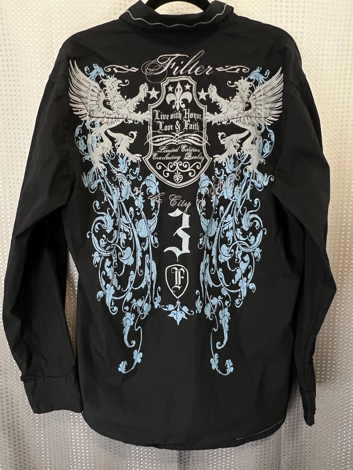 Camisa FILTRO EDICIÓN LIMITADA Para Hombre XL Negra Doble Cara Bordado Phoenix Retro Foto 2 de 4