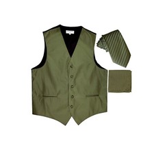 New Men's Tuxedo Vest Vertical Stripes 2.5" Skinny Necktie set party Olive Green