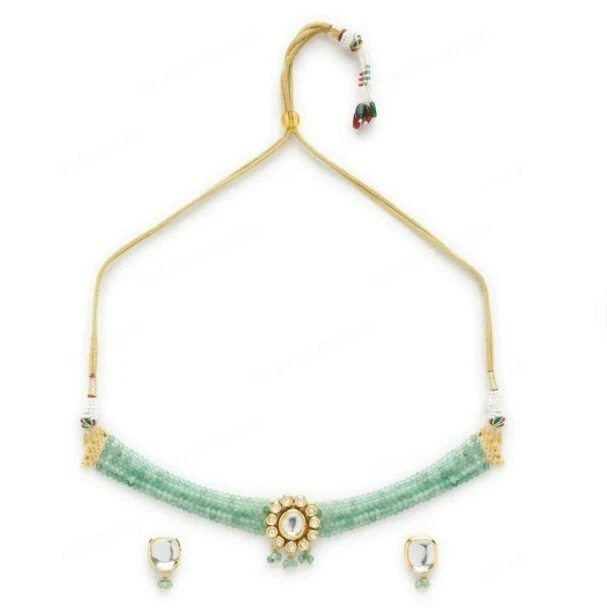 Conjunto de joias paquistanesas verdes folheadas a ouro gargantilha colar contas de ônix - Imagem 3 de 4