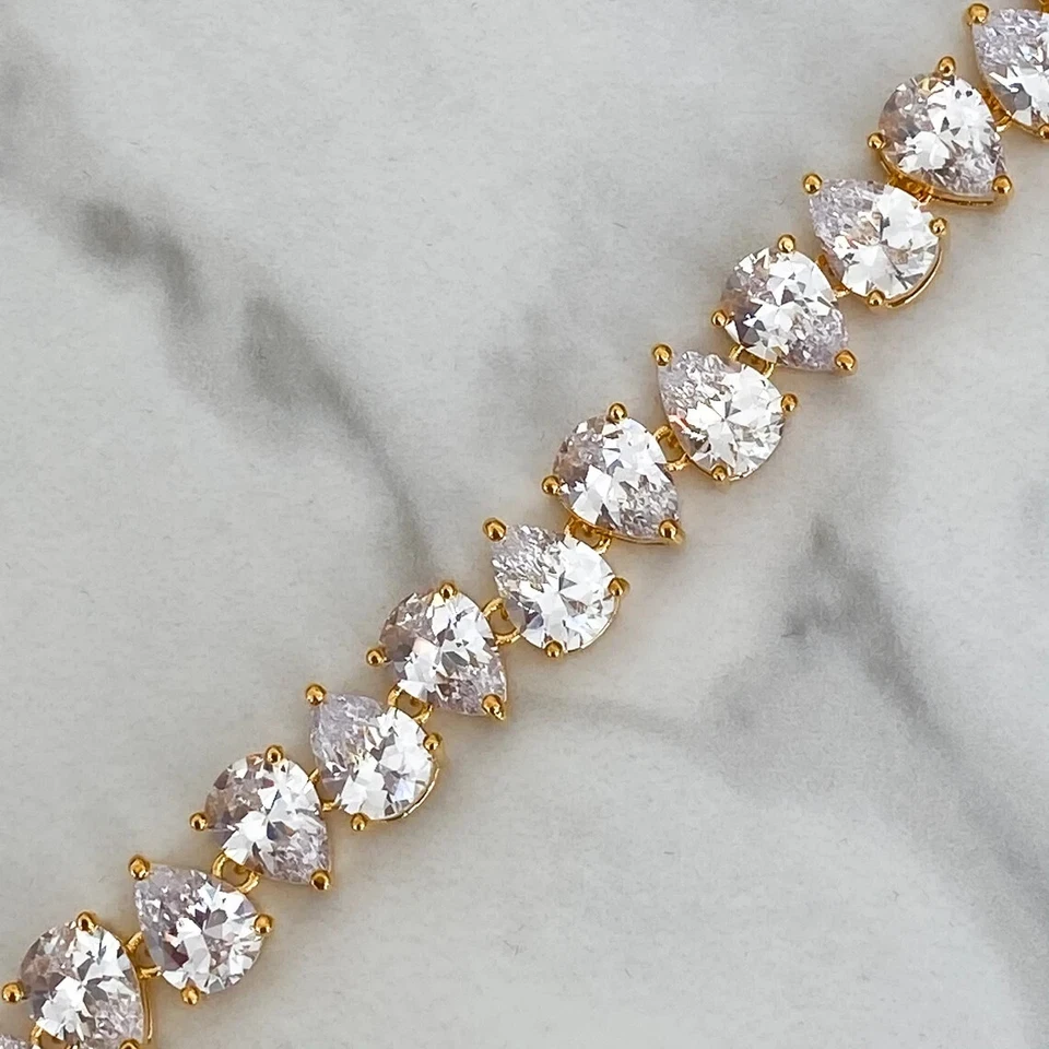 35Ct Pear Cubic Zirconia Set Teardrop Choker Tennis Necklace in 925 Silver-16" - Image 3 of 4