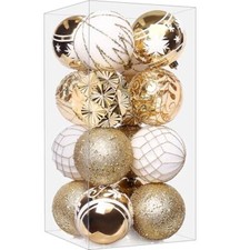 FestiveBliss 16 Pcs Hanging Ornaments, 3.15-Inch Christmas Balls Gold  White