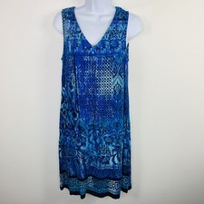 R&K Blue Printed Dress Sz 8 Sleeveless V Neck Shift Knee Length Casual VINTAGE
