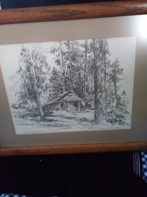 pencil signed George Mathis print. Marshall's Cabin, Coloma California Gold Rush