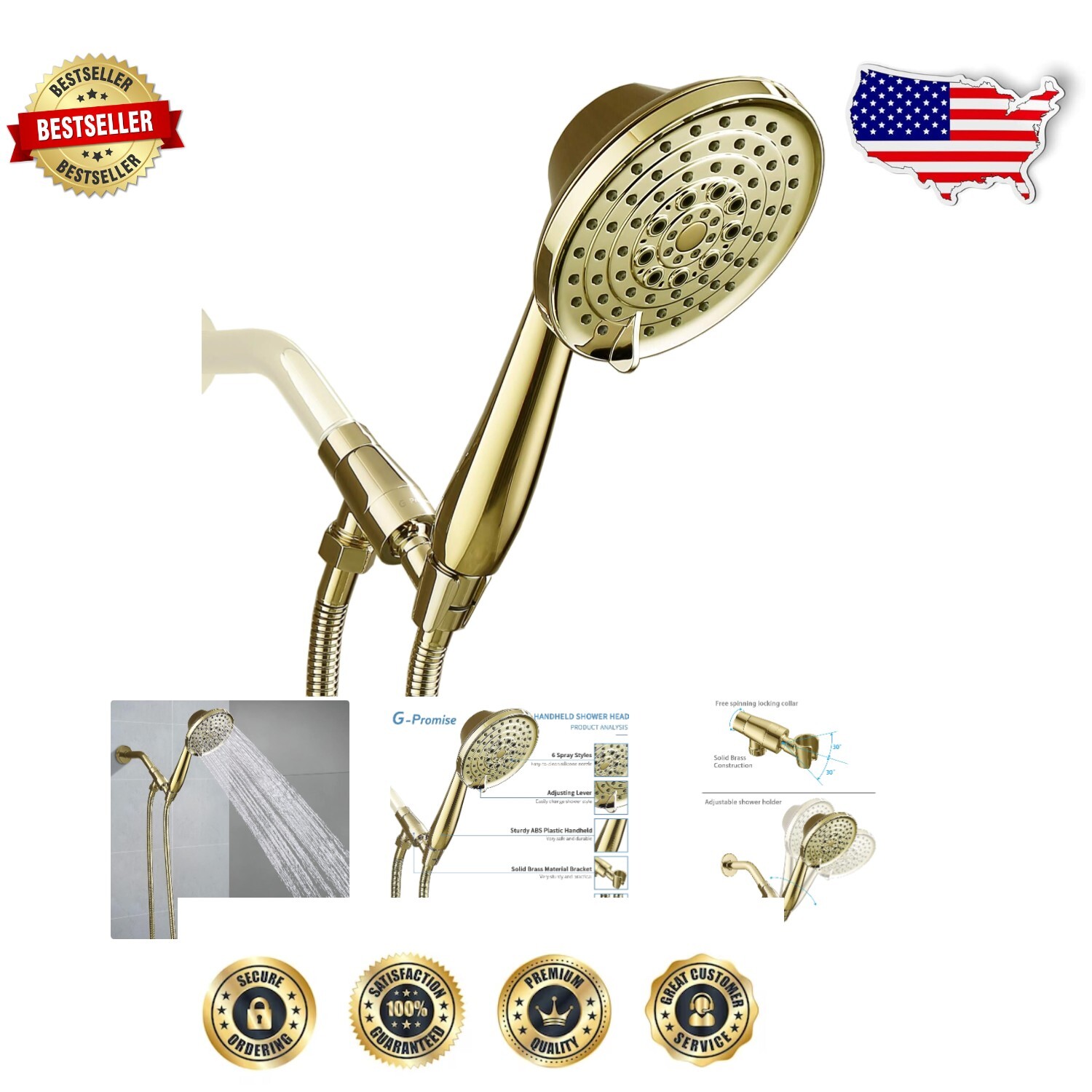 Elegant Adjustable 5-Inch Shower Head with Polished Brass & Solid Brass Holder