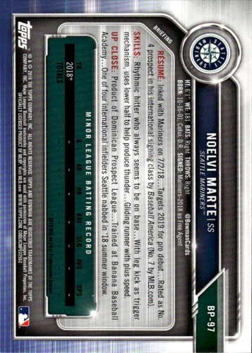 2019 Bowman Noelvi Marte #BP-97 Prospects Seattle Mariners - Picture 2 of 2