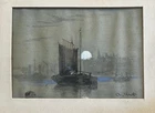 ANTIQUE WATERCOLOUR PAINTING Old British MOONRISE ON THE THAMES Abraham Hulk