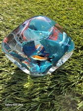 Medium Glass Paperweight Ocean with Fish Design Perfect Condition