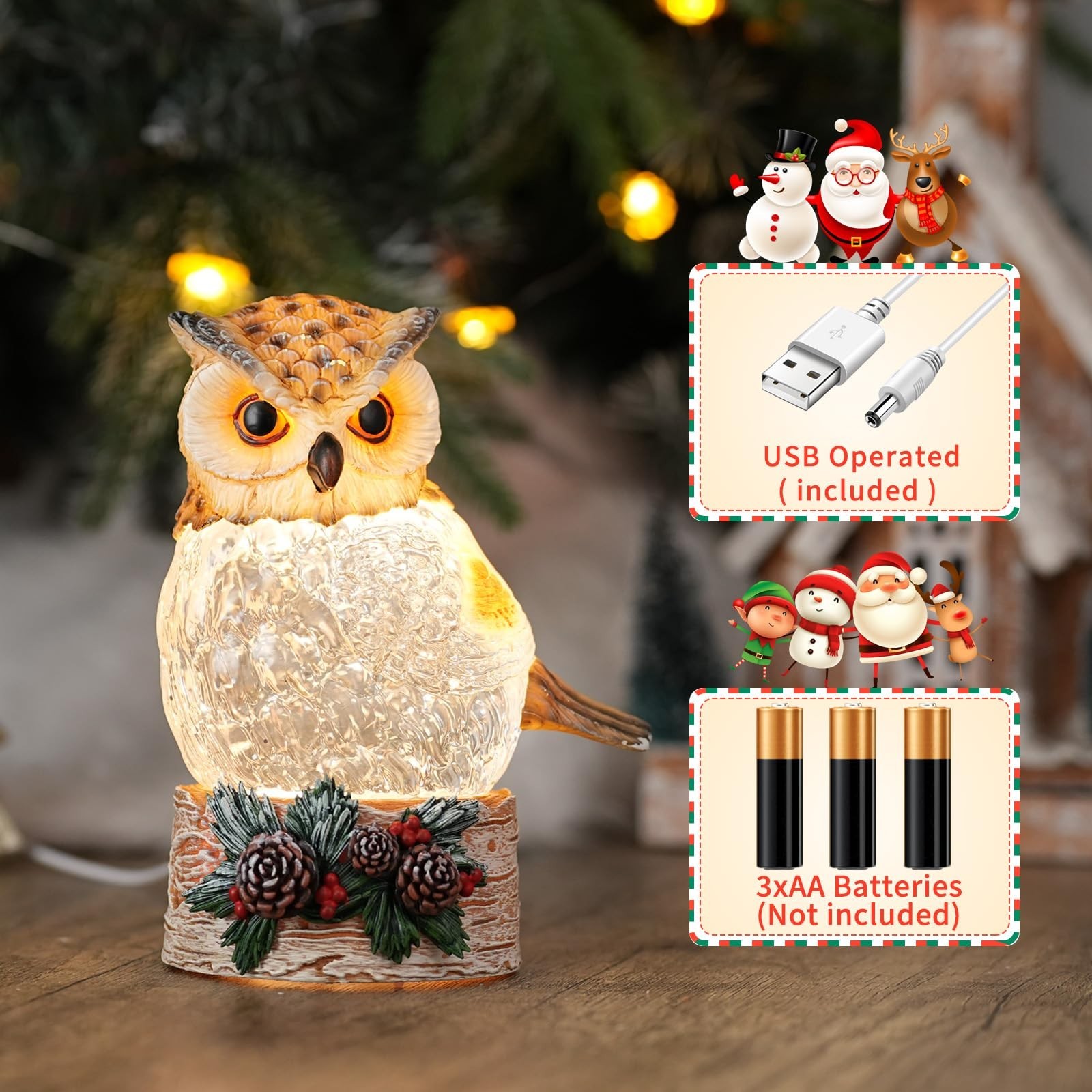 Christmas Snow Globe Owl Decorations with LED Lights & Swirling Glitter, Owl ...
