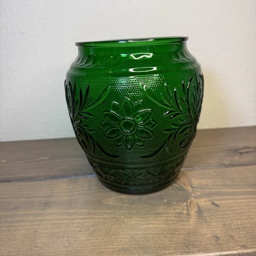 Vintage Anchor Hocking Sandwich Glass Forest Green Cookie Jar Vase  6.5” Tall