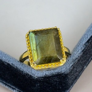 Authentic Labradorite Baguette 12x14mm Ring 18K Gold Plated Statement for Her