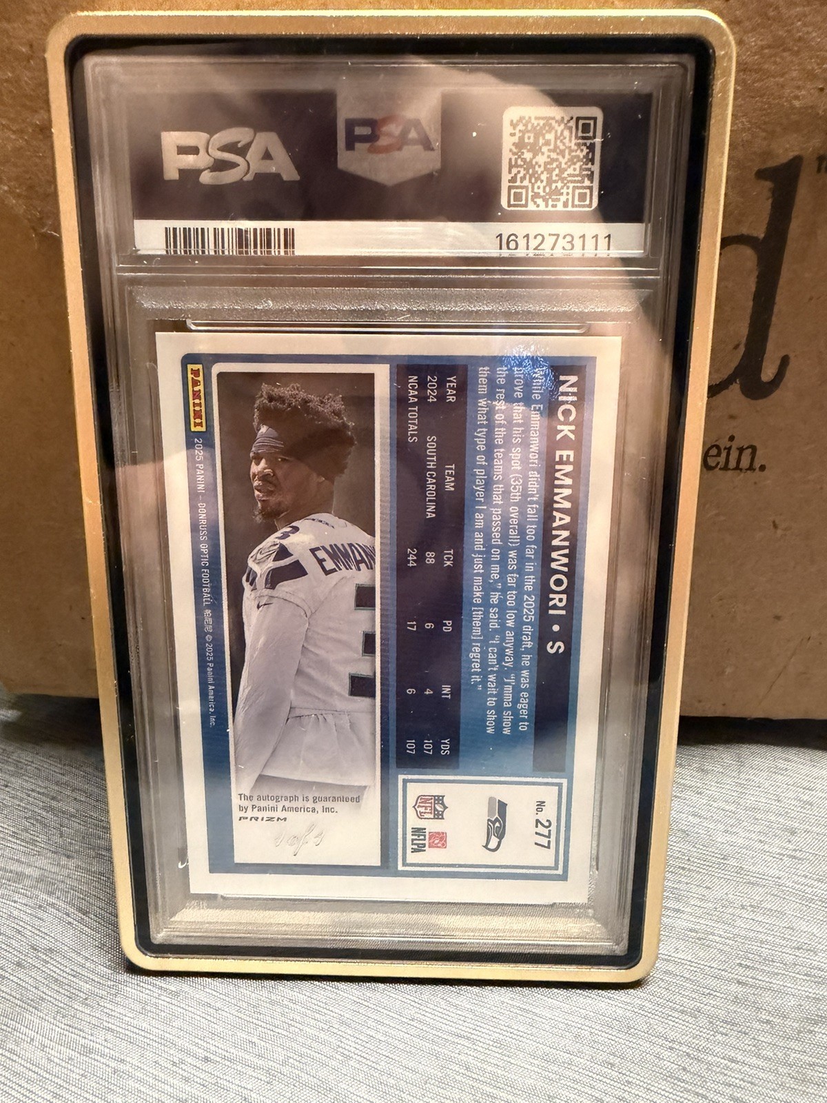 2025 Optic Nick Emmanwori Rated Rookie Auto Gold Vinyl 1/1 SB CHAMP PSA 10 GEM view 3