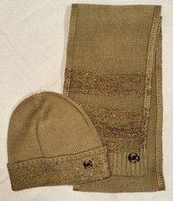 Michael Kors MK Sequin Embellished Scarf Beanie Hat Set Gold Tan Camel
