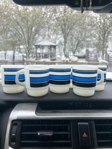 Vintage Fire King Coffee Mugs. White/blue/black set of 7