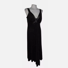 Amanda Wakeley Dress 16 Black Midi Leather Trim Gown Low Cut Draped Cocktail