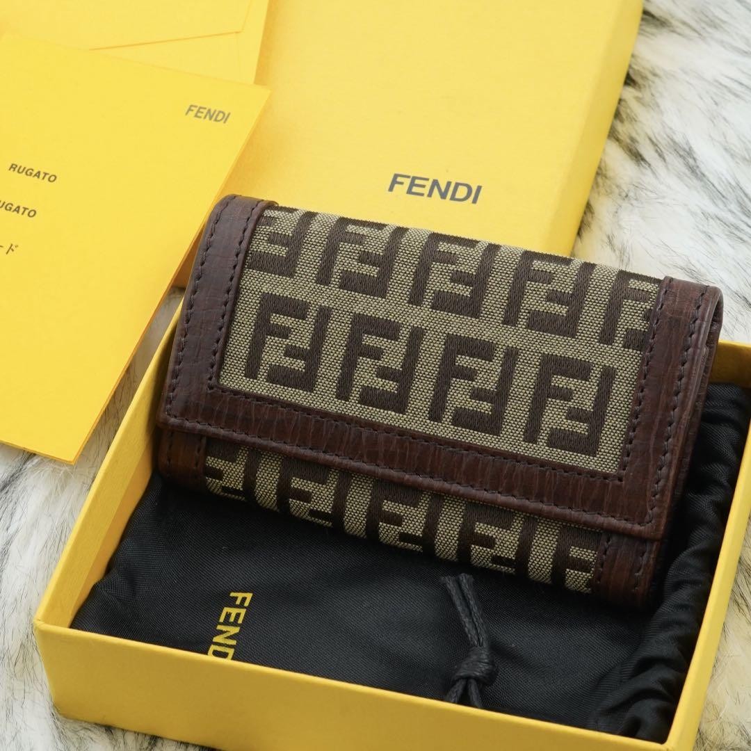 Fendi Zucca Brown Leather Key Case with Box Authentic Excellent Condition