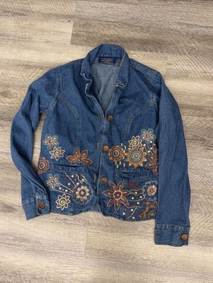 New Identity Women's Embroidered Floral Denim Jacket Size M