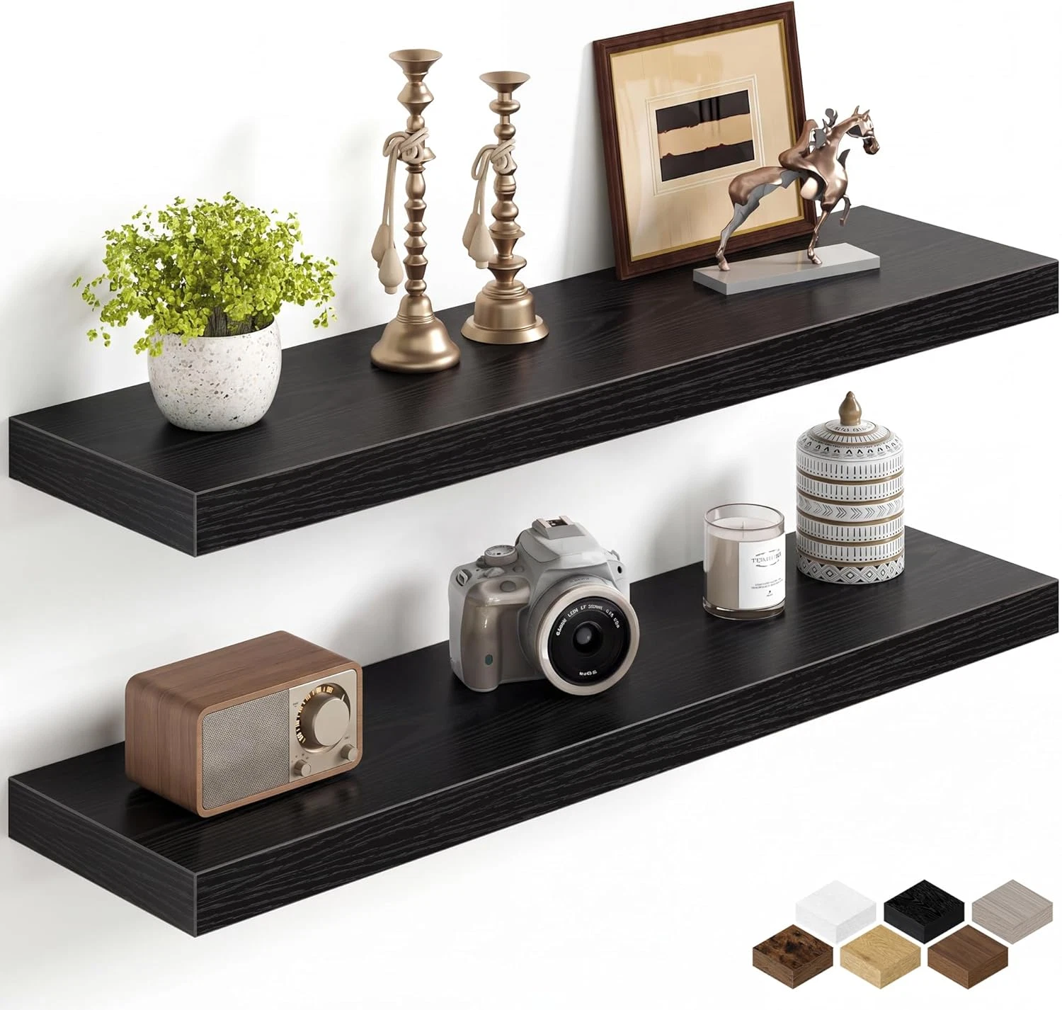 32" Black Floating Shelves - 2 Pack, 8" Deep Wall Mounted Storage for Home Decor