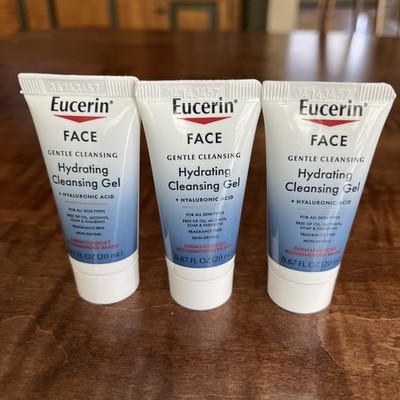 3 Eucerin Hydrating Cleansing Gel Hyaluronic Acid .67 Fl Oz Travel Sample Lot