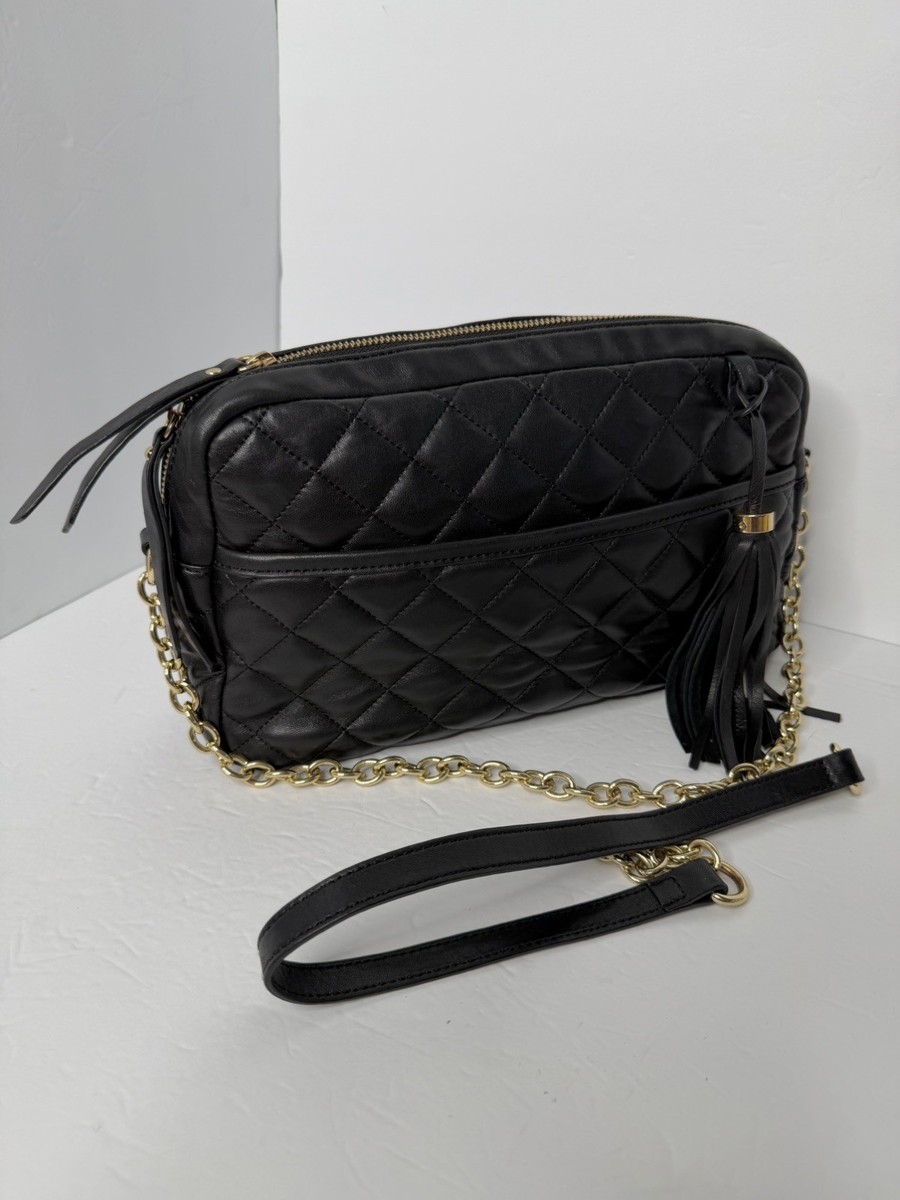 Isaac Mizrahi Quilted Camera Shoulder Bag Black Leather Tassel