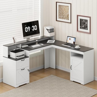 63'' Farmhouse L Shaped Executive Desk, Corner Computer Desk with Drawers & St...