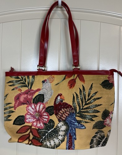 Beaded & Sequin Parrot Bird Design Canvas Handbag Purse Red Handles