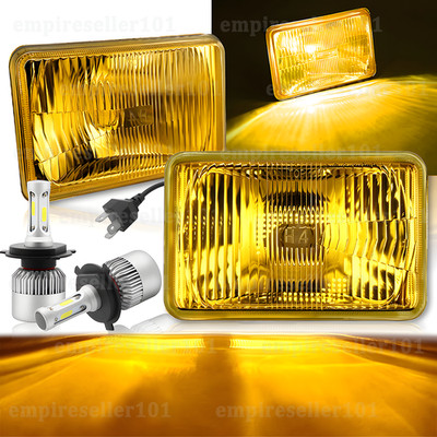 4X6'' LED Crystal Yellow Glass Metal Headlight 4000Lm H4 Light Bulb Headlamp Pair