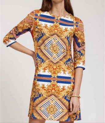 Tyler Boe Alexa Scarf Print Knit Dress 3/4 Sleeve Stretch Red Blue Gold Sz S EUC