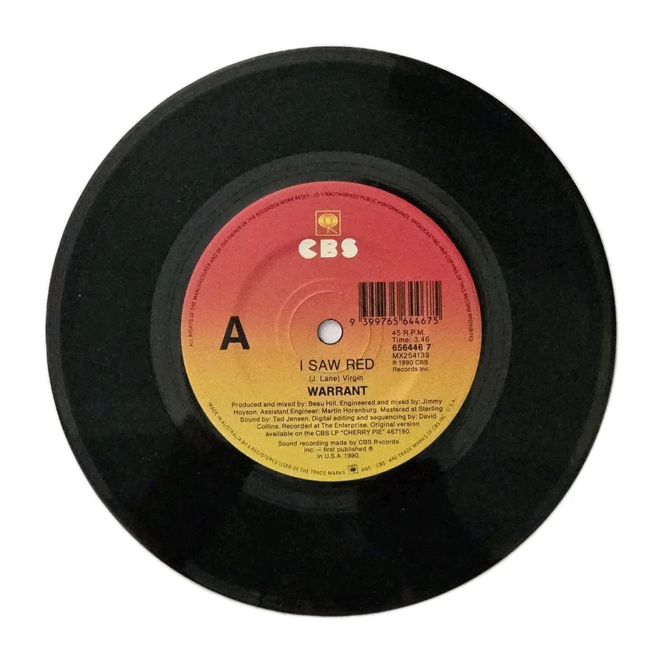 WARRANT "I Saw Red / (Acoustic)" RARE MINT 1990 AUSSIE PICTURE SLEEVE 7" SINGLE - Image 3 of 3