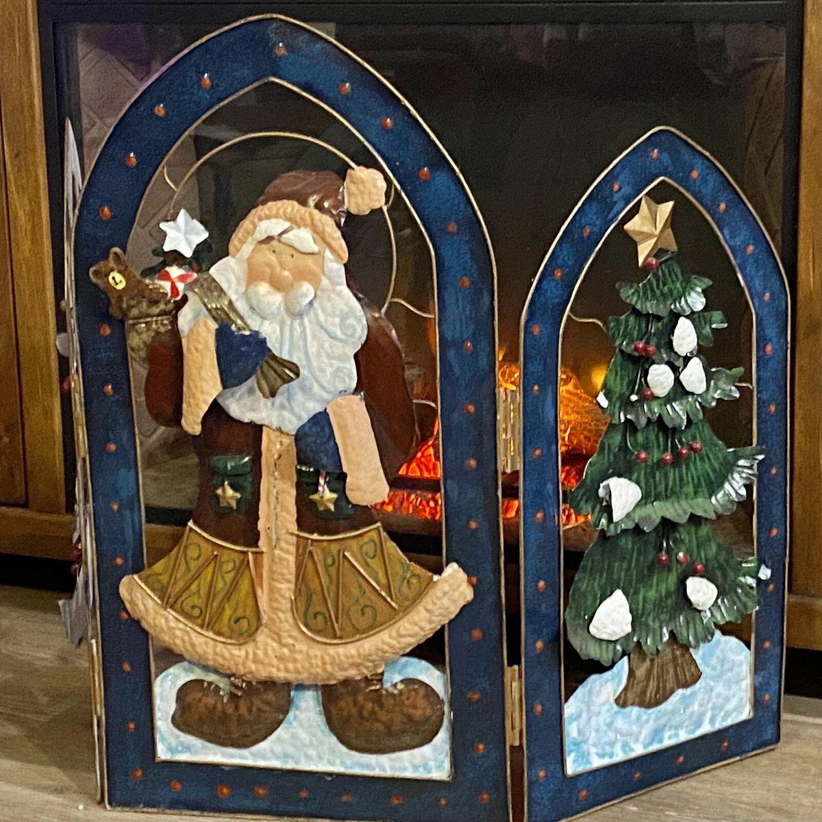 Santa Christmas Fireplace Screen Holiday Trees Stars Gifts Bear