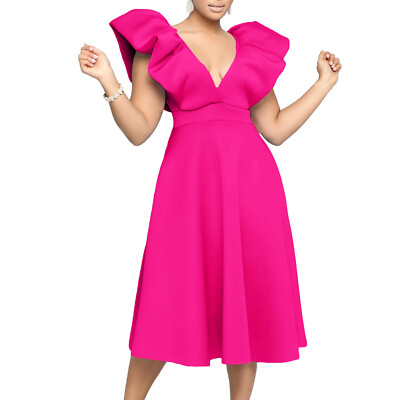 Women's Short Sleeve Deep V-Neck Sexy Swing Long Midi Party Prom Solid  Dress | eBay