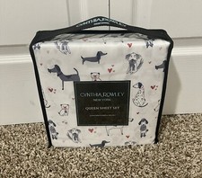 Cynthia Rowley DOGS Hearts QUEEN SHEET SET, Valentines White with Blue Dogs NEW 