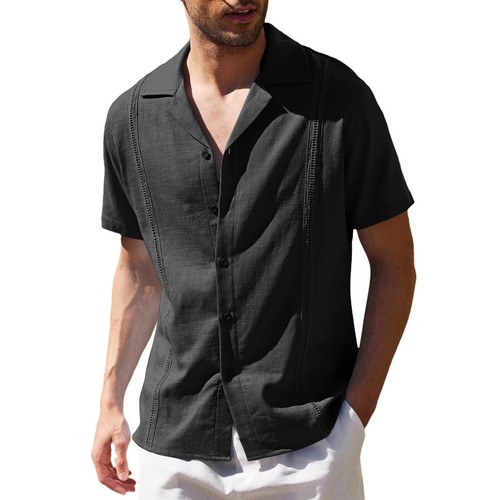 Camisa Top Verano Para Hombre Lino Suelta Informal Color Sólido Botón Cuello en V Manga Corta - Imagen 6 de 42
