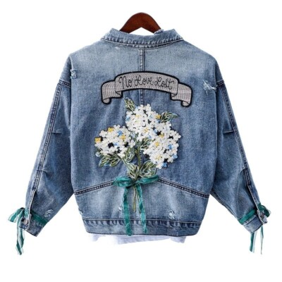 Floral Distressed Loose Denim Jacket Flower Embroidery Tattered