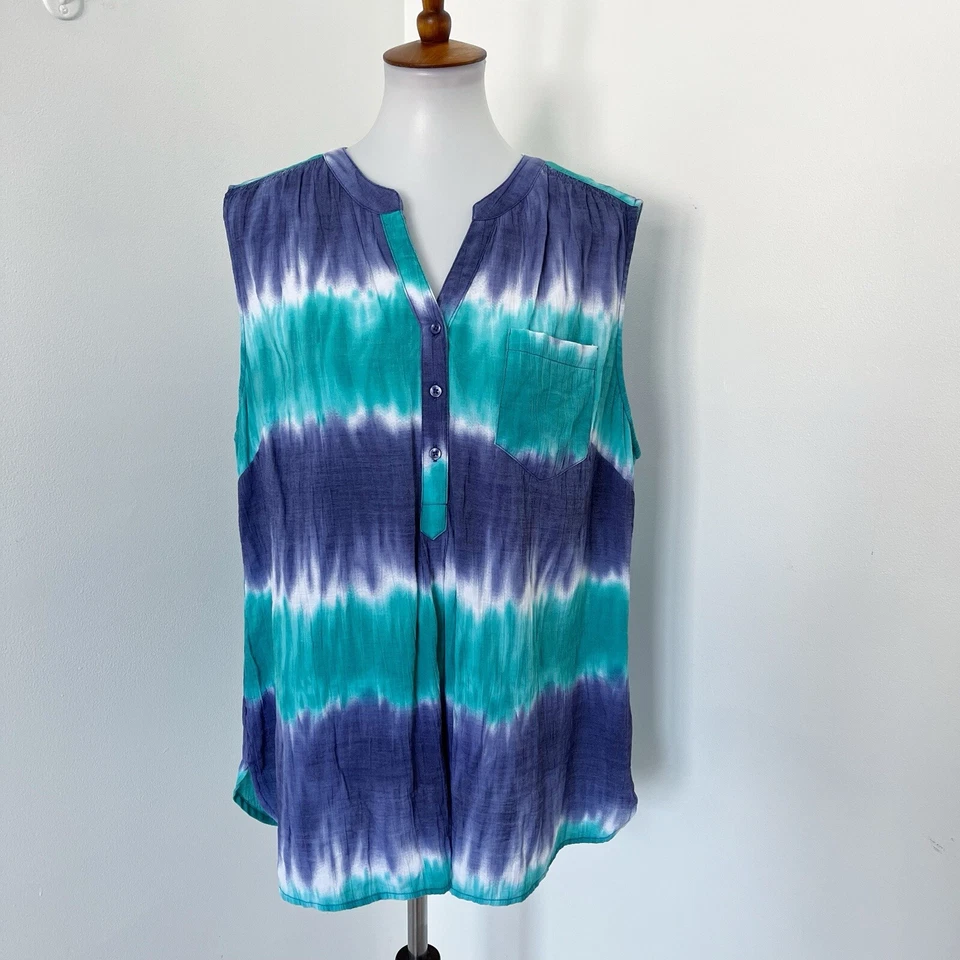 Kim Rogers Womens Blue Teal Tie Dye Sleeveless Split Neck Tank Top Rayon Plus 1X - Image 2 of 4