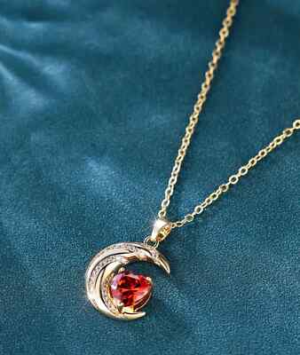 Women's Necklace Moon Heart Pendant 14K Yellow Gold Plated Lab Created Red Ruby