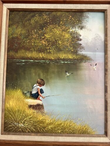 "Still Waters, Young Dreams" C Manuel Original Öl - Junge Angeln 16" x 20" gerahmt - Bild 4 von 6